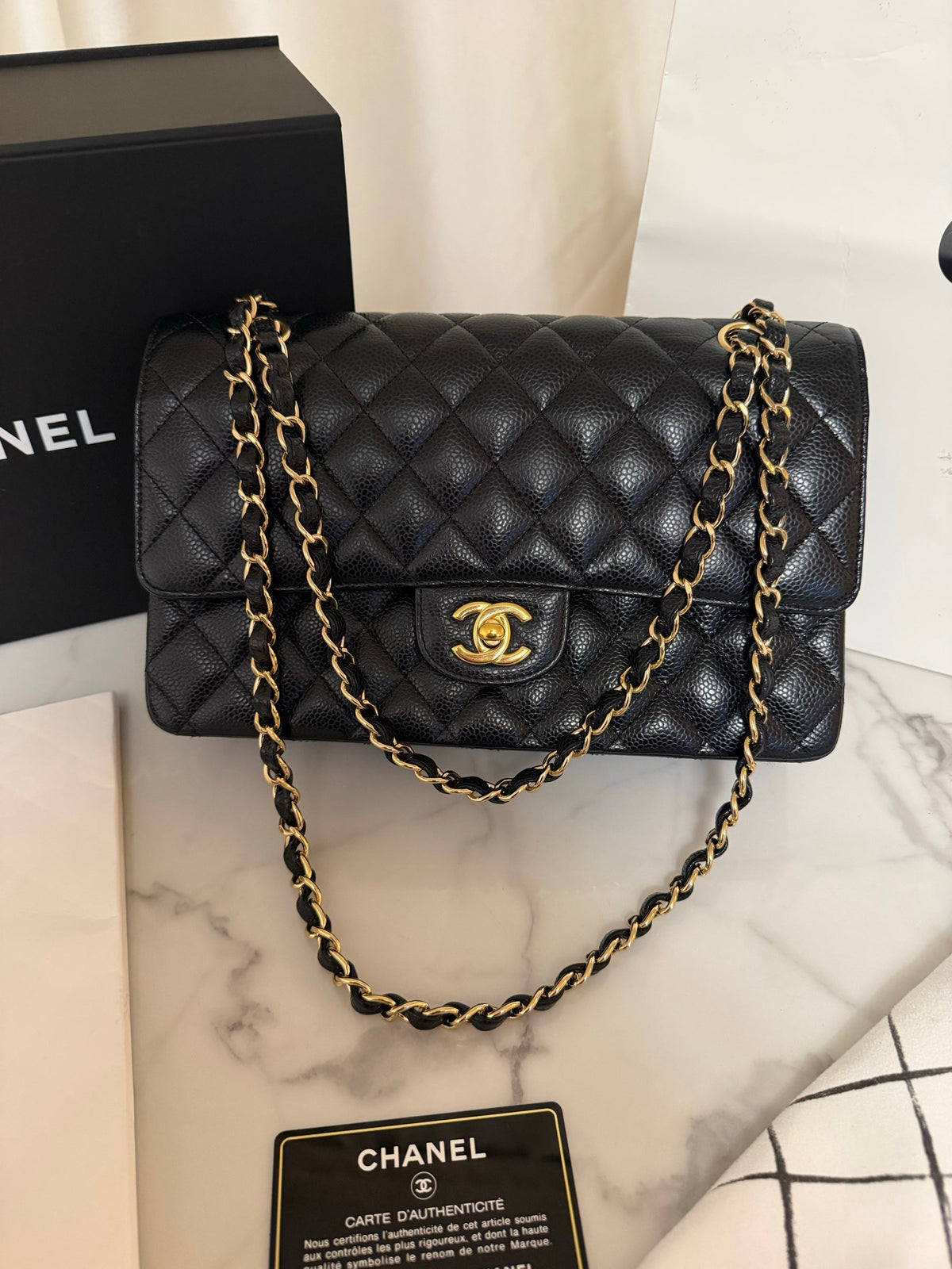 Classic Flap Medium — Black Caviar, Gold Hardware — view 2