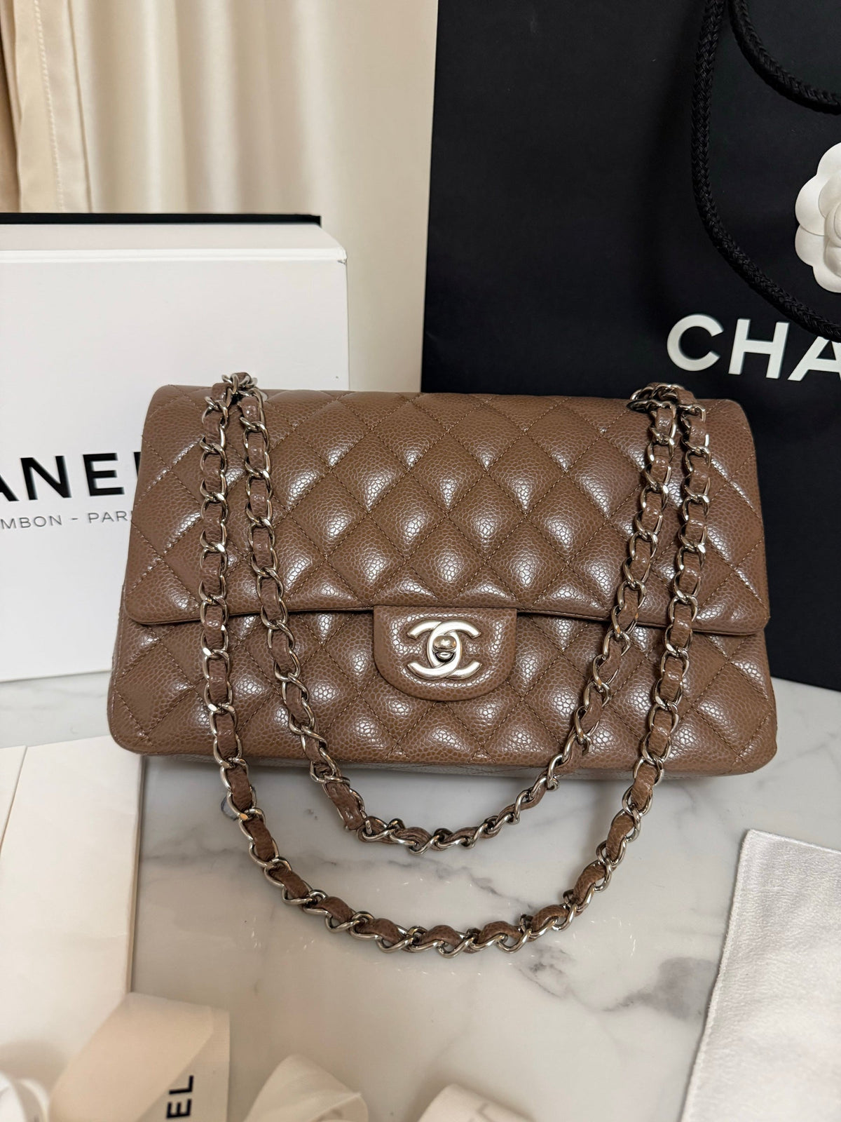 Classic Flap Jumbo — Etoupe Caviar, Silver Hardware — view 2