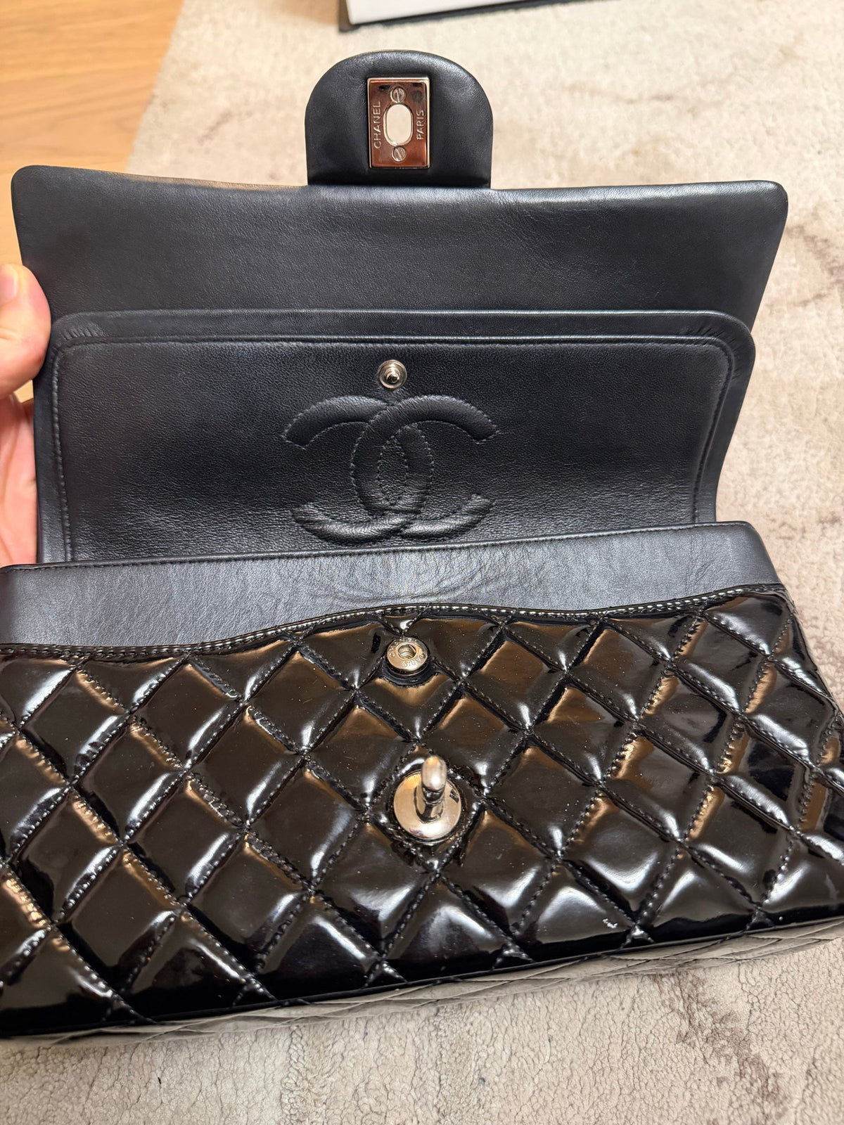 Classic Flap Medium — Black Patent, Silver Hardware — view 6
