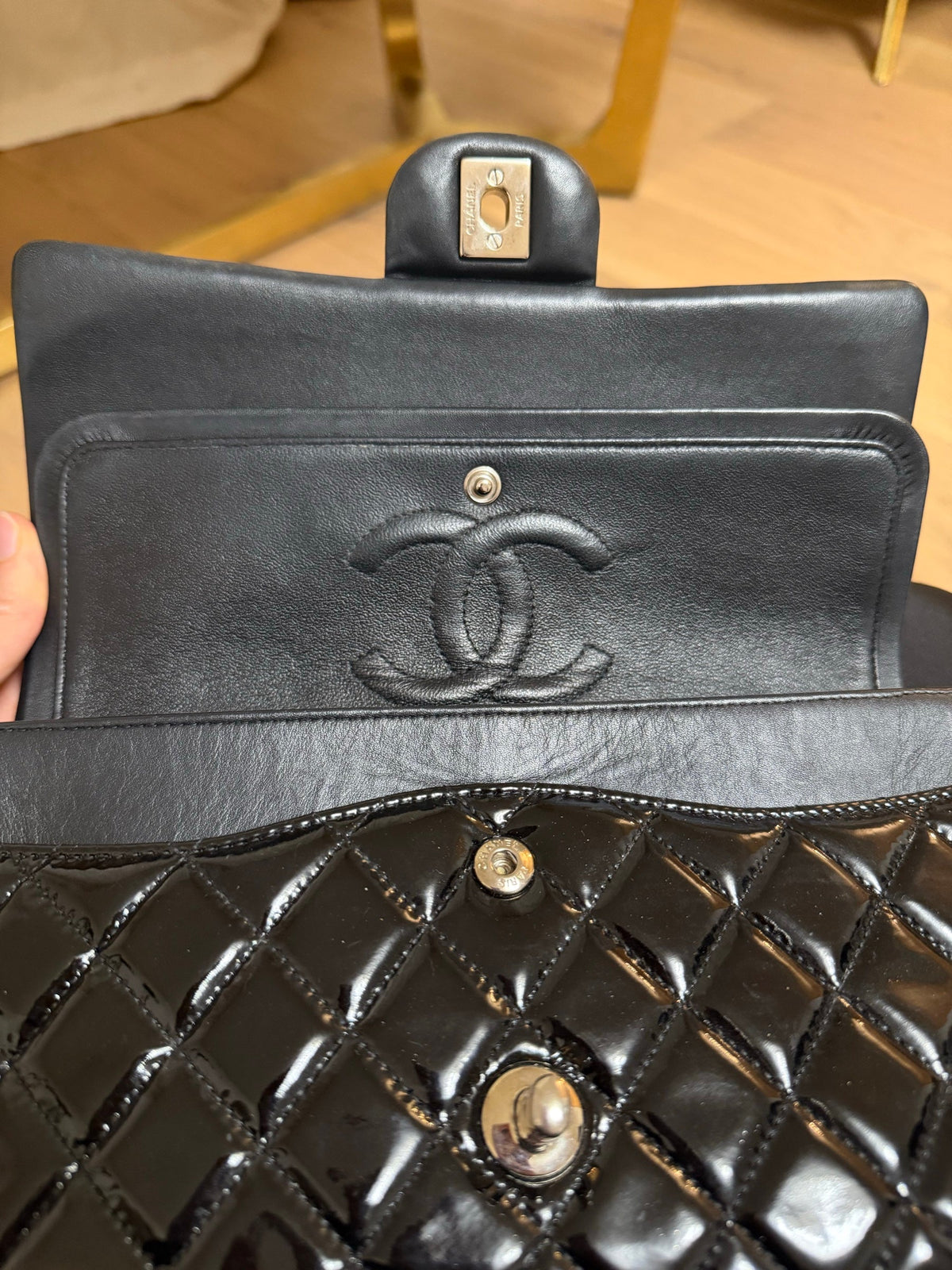 Classic Flap Medium — Black Patent, Silver Hardware — view 10