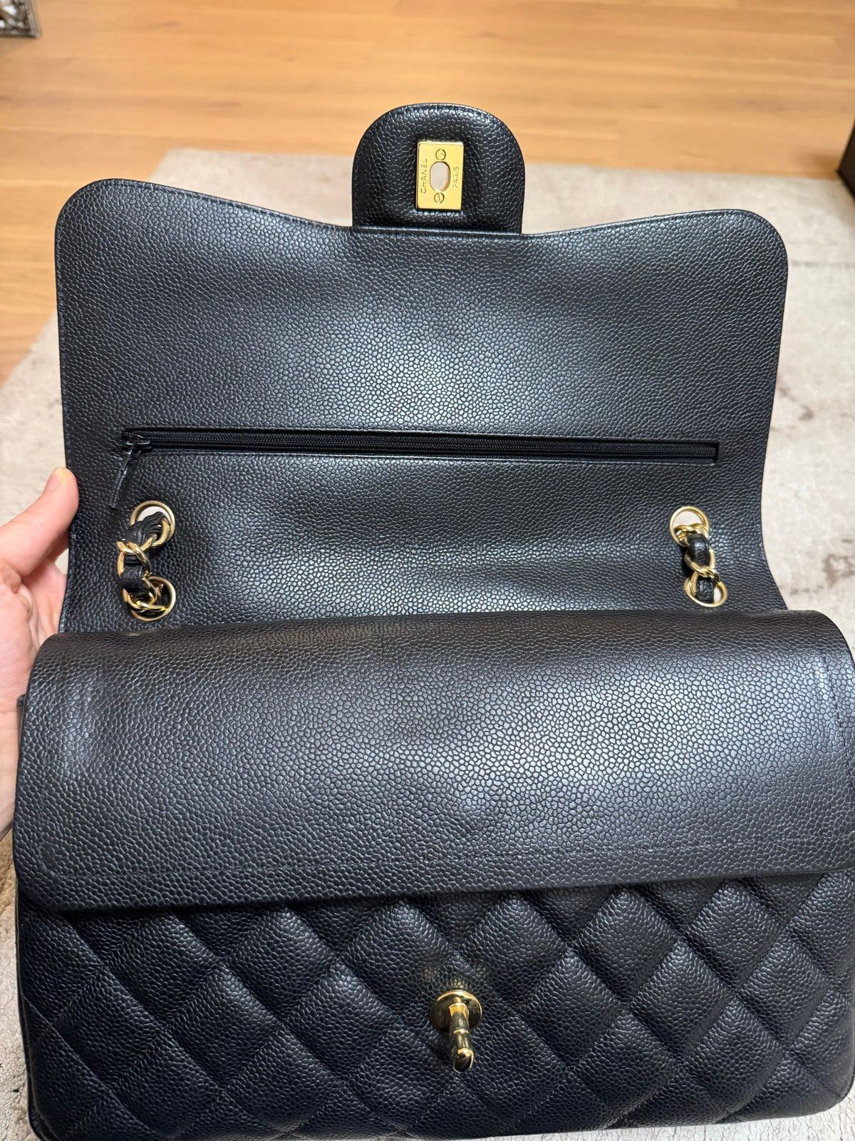 Classic Flap Jumbo — Black Caviar, Gold Hardware — view 11