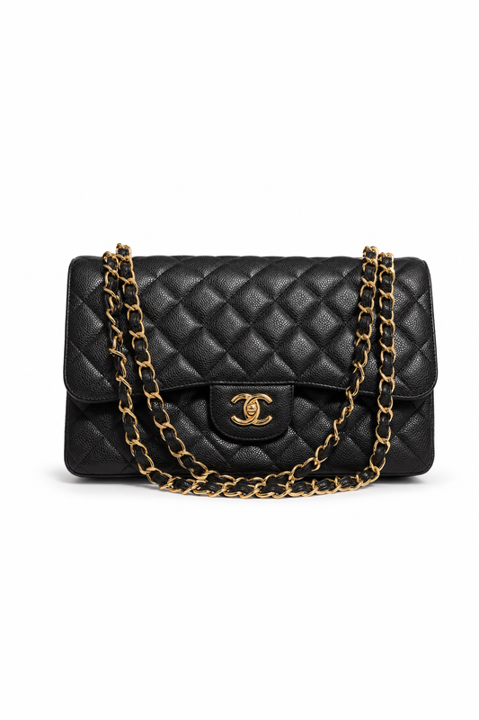 Classic Flap Jumbo — Black Caviar, Gold Hardware — studio