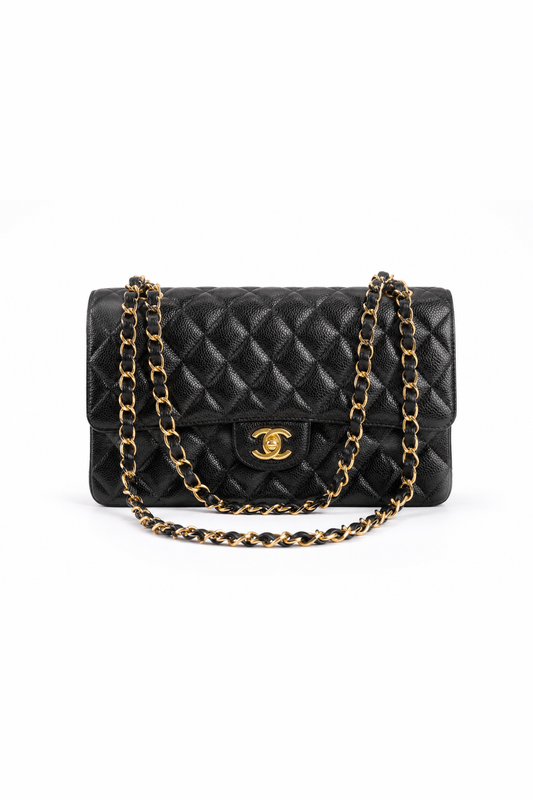 Classic Flap Medium — Black Caviar, Gold Hardware — studio