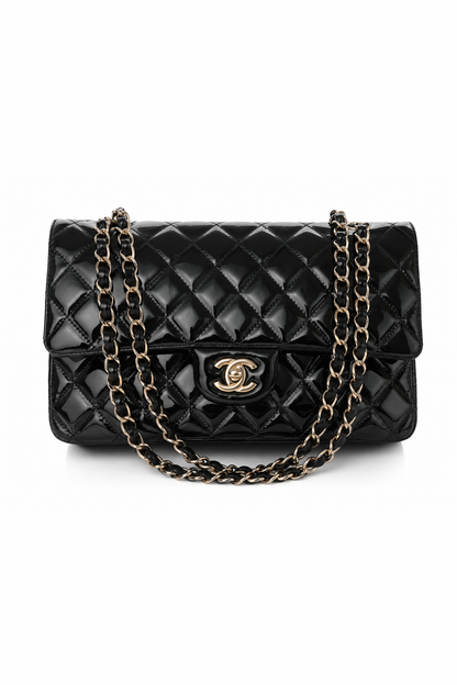 Classic Flap Medium — Black Patent, Silver Hardware — studio