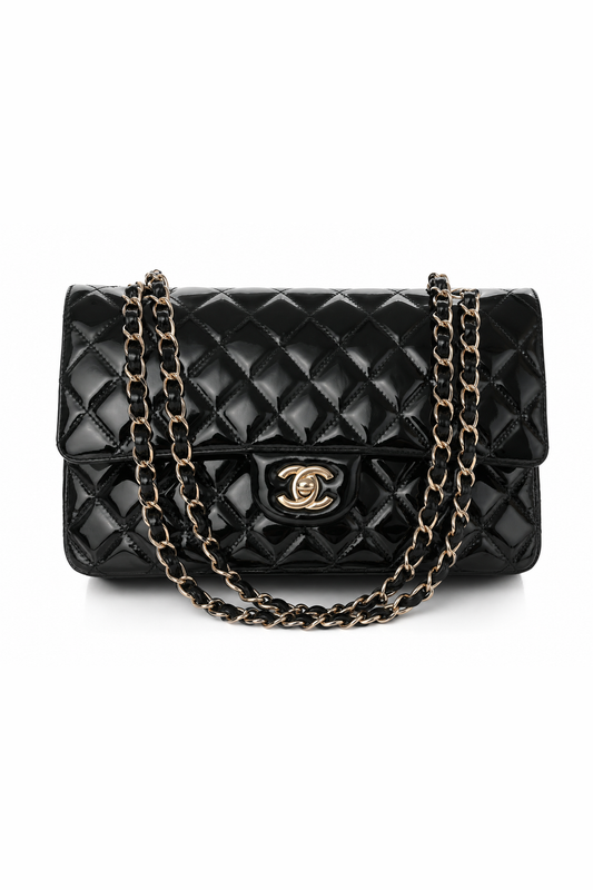 Classic Flap Medium — Black Patent, Silver Hardware — studio